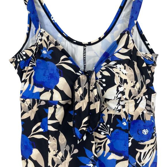 Byron Blue Swimdress Womens US 12 Blue Black Tropical Print Padded Slimming - Picture 2 of 9